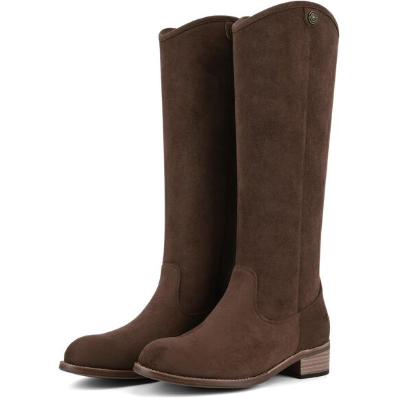 Women's Dark Brown Round Toe Chunky Heel Faux Suede Tall Knee High Boots Rubber